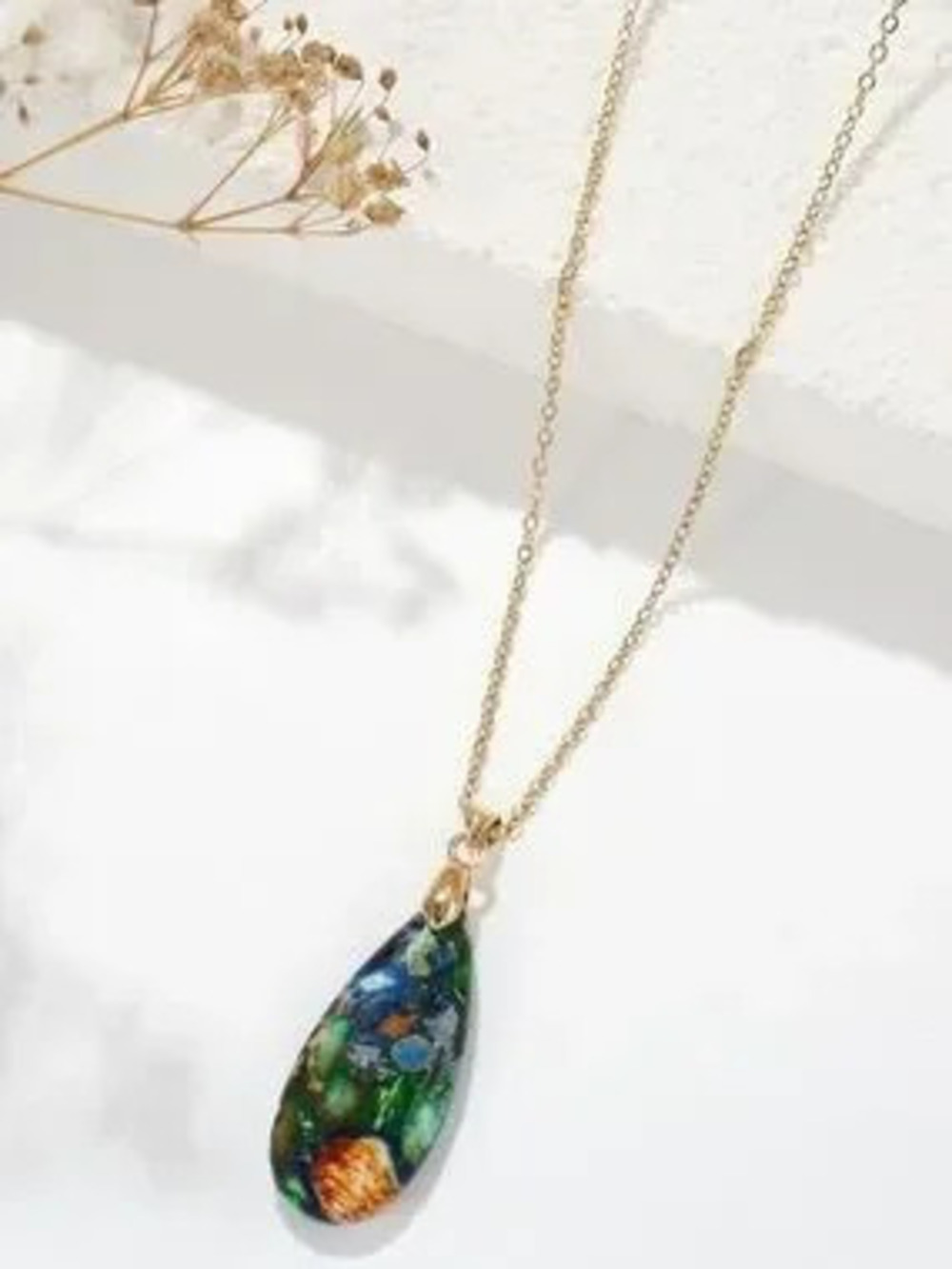 Anthropologie Gold Teardrop Pendant with Blue, Green & Yellow Inlay